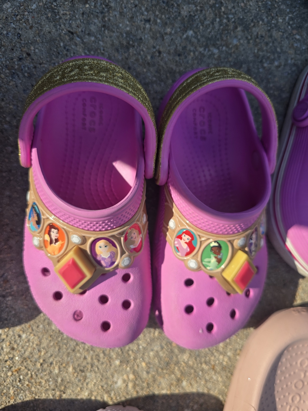 CROCS Kids Pink Princess Clogs with Gold Glitter Strap